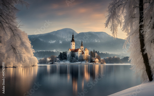 Frozen Lake Bled with its island church, Slovenia