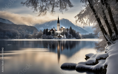 Frozen Lake Bled with its island church, Slovenia