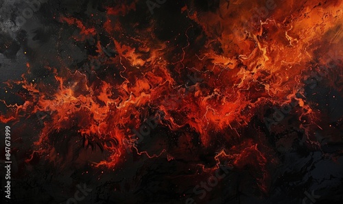 Burst of flames against a black backdrop, red-orange abstract background
