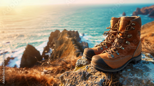 Hiking boots on a cliff overlooking the sea at sunset