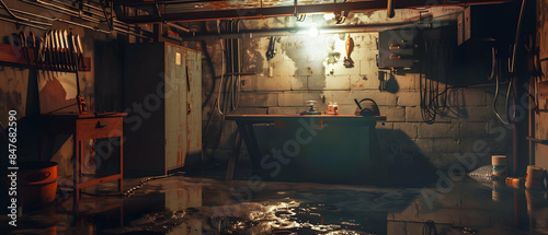 A cozy basement with a workbench and old tools, water slowly flooding in from a broken pipe, covering the concrete floor and reflecting the dim light from a single bulb overhead