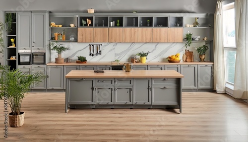 Front view of elegant interior with gray drawers under kitchen cabinet, empty wooden table and marble countertop in room, modern equipment for cooking, well organized space for storage food products