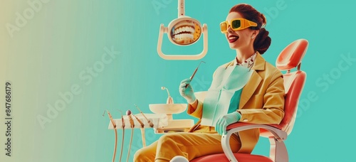 Confident patient sitting in dentist chair with retro sunglasses holding a toothbrush and floss.