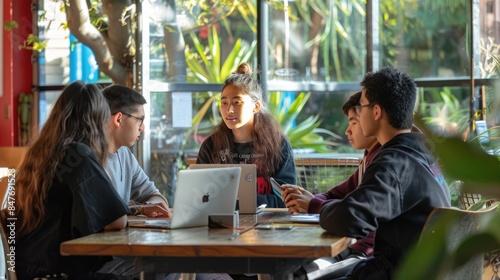 Four young people sitting around a table in a cafe, talking and laughing. AIG535