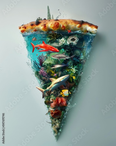 A delicious pizza slice topped with a creative underwater scene, featuring colorful fish, coral, and seashells