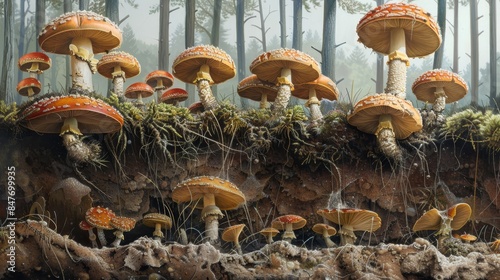 Realistic scientific illustration of mushrooms in natural soil habitat, showing detailed gills, caps, and underground mycelium