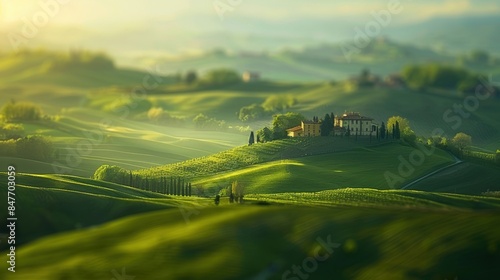A picturesque view of the Tuscan countryside with rolling green hills and a charming farmhouse bathed in soft light.