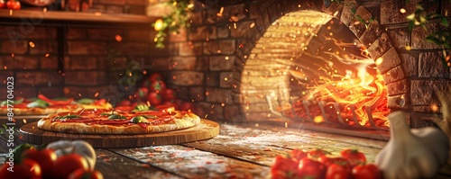 Hot pizzas ready on a rustic wooden table next to a fiery brick oven