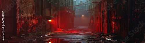 Dimly lit alleyway with red lights and trash strewn on the ground, flickering lights in a desolate alley 