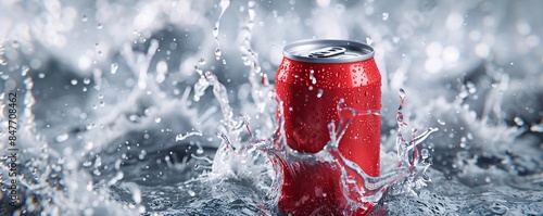 Red aluminum can splashes into water, creating a refreshing and thirst-quenching sensation
