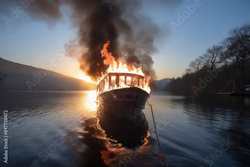 水, 湖, 海, ボート, 船, 火事, 火災, 燃える船, 事故, Water, Lake, Sea, Boat, Fire, Burning Boat, Accident