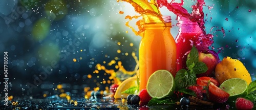 Juice burst with colorful splash in an energetic advertisement