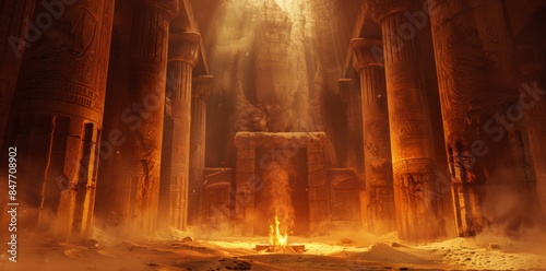 The mysterious cult of monks performs a magical ritual in a desert temple - digital fantasy painting