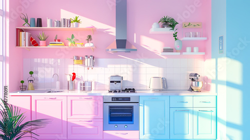 Eine helle, bunte Küche in Pastellfarben 