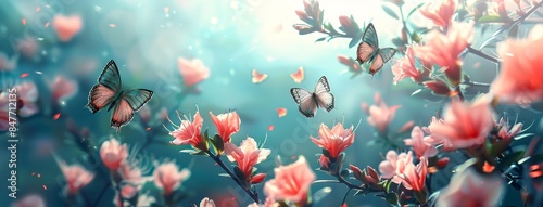 Beautiful blurred background toned in soft pastel colors and sun rays with a floral fairytale banner with roses, peacock wings, and blue butterflies.