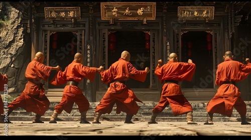 Shaolin Monks Performing Traditional Martial Arts Routine in Ancient Buddhist Temple