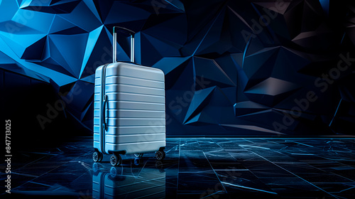 Silver suitcase on polished floor with blue geometric wall in background, concept of travel. Generative AI
