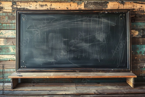 Chalk remnants on rustic wooden wall with shelf and empty chalkboard