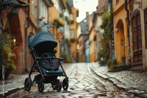 A fashionable kids' stroller with a sleek frame, positioned in a charming, narrow street in an old town