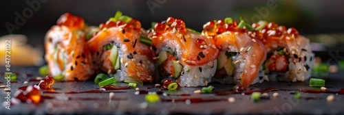 Smoked Salmon Sushi Rolls, Japanese Susi with Green Onions, Flying Fish Red Caviar, Spicy Sauce