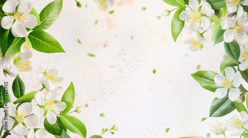 White jasmine flowers and green leaves creating a floral border on a light background with ample copy space, delicate and fresh