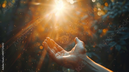 Open hand reaching towards the golden sunlight, symbolizing hope, spirituality, and connection with nature in a warm, glowing atmosphere.