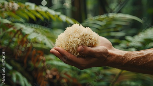 Hand holding lion's mane mushrrom in a green forest