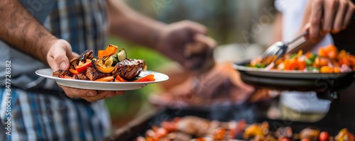 Father and son grilling ribs and vegetables on the grill during a family garden party, close-up