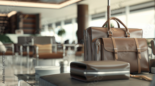 Stylish leather bags are casually arranged in a sophisticated airport lounge, indicating themes of travel, luxury, and professional life.