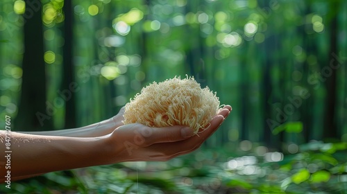 Hand holding lion's mane mushrrom in a green forest