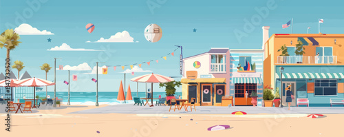 Peaceful seaside boardwalk lined with shops, cafes, and colorful beach umbrellas. Vector flat minimalistic isolated illustration.