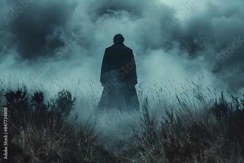 Mysterious Figure in Foggy Wilderness Dark, Atmospheric, and Dramatic Scene for Posters or Book Covers