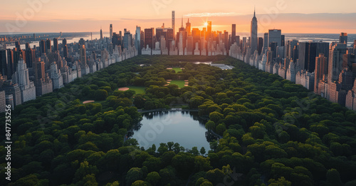 Sunset Over Central Park Aerial View Amidst Manhattan Skyscrapers Scenic Cityscape