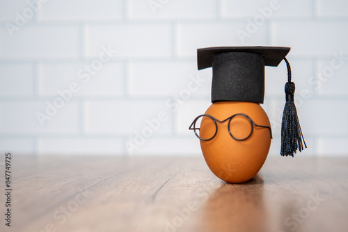 A close-up image of a brown egg wearing a black graduation cap and glasses. Copy space for text.
