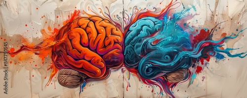 An artistic representation of the left and right brain, with the left side showing analytical elements and the right side filled with creative splashes of color