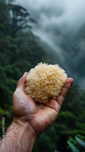 Portrait of hand holding lion's mane mushrrom in a green forest