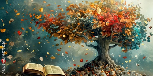 A whimsical book tree with vibrant leaves, symbolizing the growth of knowledge and education