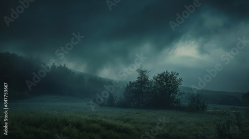 Eerie and atmospheric landscape of a forest under a tumultuous sky with visible lightning