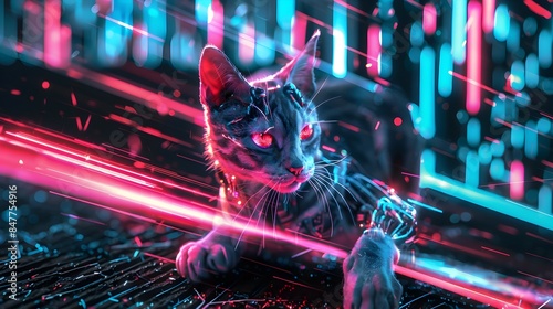 Captivating image of a cat surrounded by a surreal,futuristic digital environment with vibrant neon lights and glowing energy. The feline appears to be part of a cyber punk,technological landscape.