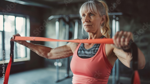 Senior woman exercising with resistance band in gym