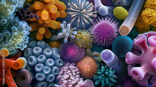 A detailed view of microscopic life, highlighting the colors and structures of various bacteria and microorganisms