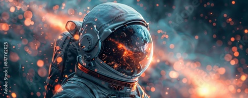 A detailed depiction of an astronaut in space, with the helmet showing a reflection of the cosmos