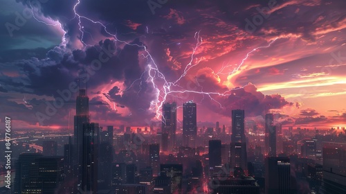 Lightning strikes over a city skyline at dusk, casting an eerie glow on the buildings and the clouds above.
