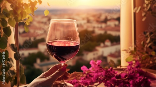 Red wine swirls in a glass. A bush of grapes before harvest. A hand holds a glass of white wine against a vineyard in the background of a rural landscape during sunset.