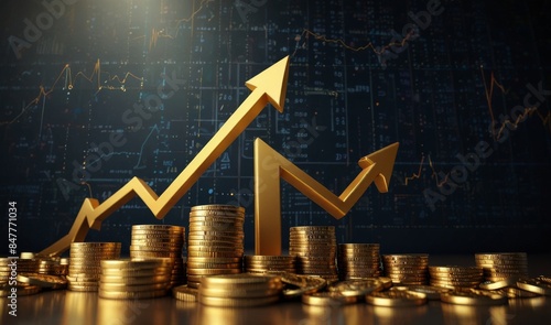 Growth arrow gold coin currency price on money business finance 3d background with success financial market investment earning graph or economy concept cash profit chart and increase stock up symbol