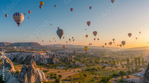 Landscape Photography, numerous hot air balloons floating over a rocky landscape, wide angle, natural light, colorful balloons against a clear sky, Cappadocia location.