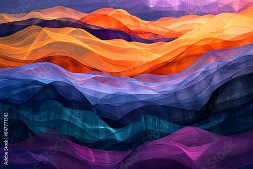 A colorful, layered paper art abstract depiction of the Grand Canyon in sunset colors 