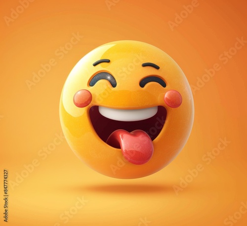 Laughing face emoji with tongue out and winking eye on orange background