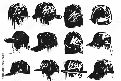 Hat flat icon, baseball cap symbol, graffiti spray cap sign, bonnet black silhouette, fedora shape, bowler