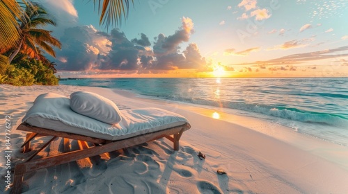 Spa bed in a tropical beach at sunrise with white sand and turquoise water, generative AI